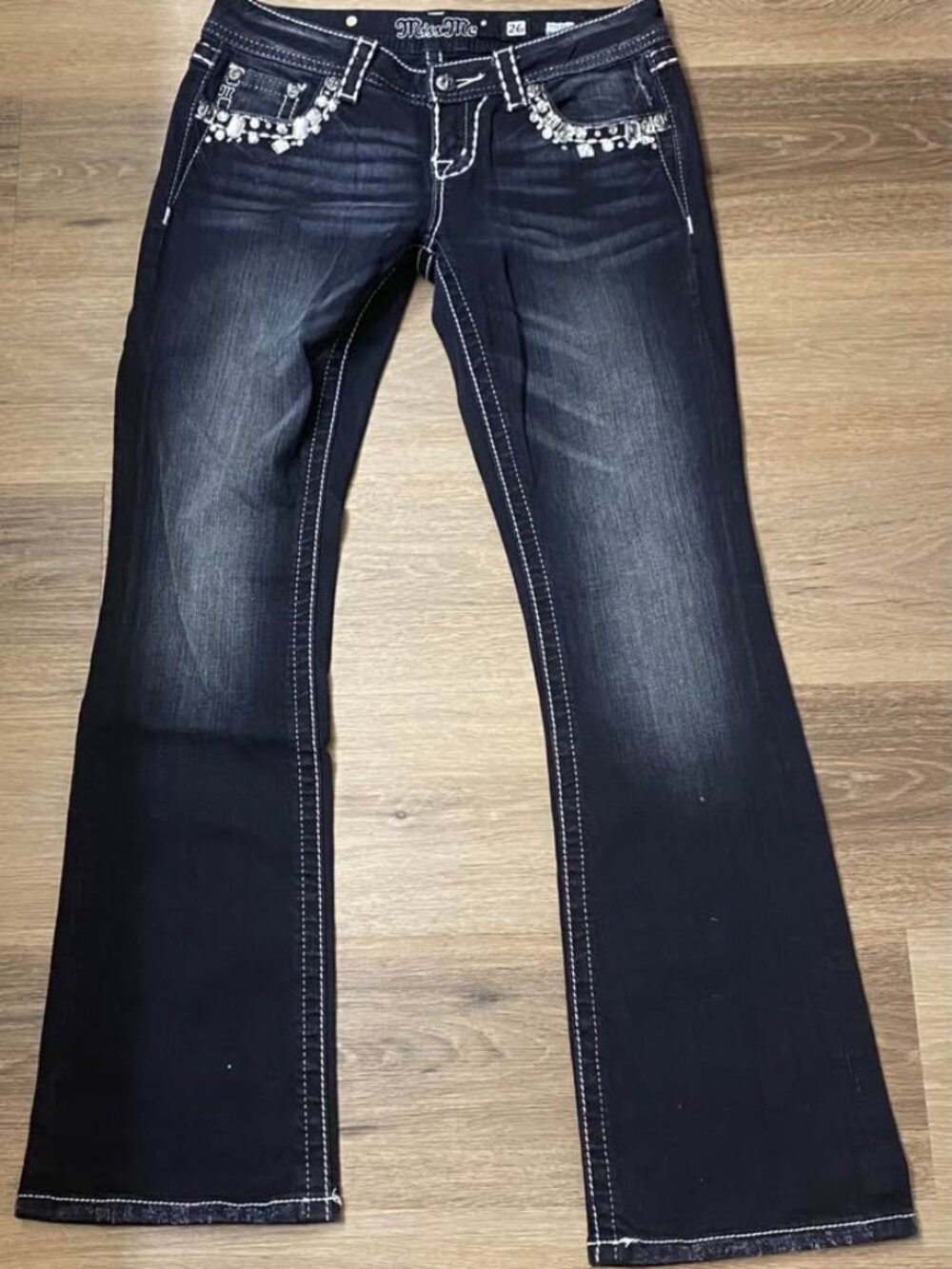 Miss Me Easy Boot Jeans Black Dark Wash Rhinestone Flap Pockets Size 26